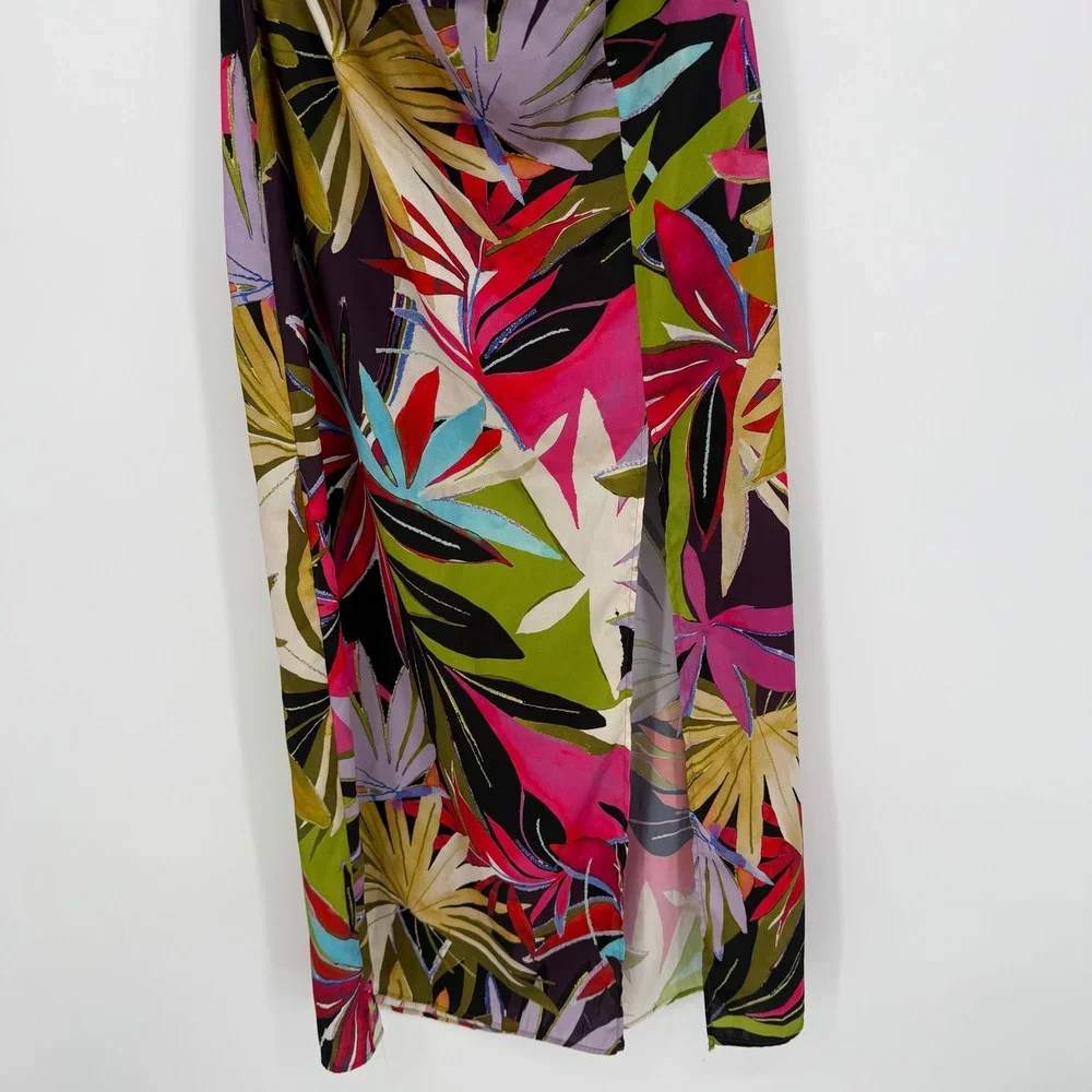 ZARA SATIN TROPICAL PRINT CUT OUT FRONT HALTER MIDI DRESS LARGE - Picture 4 of 10